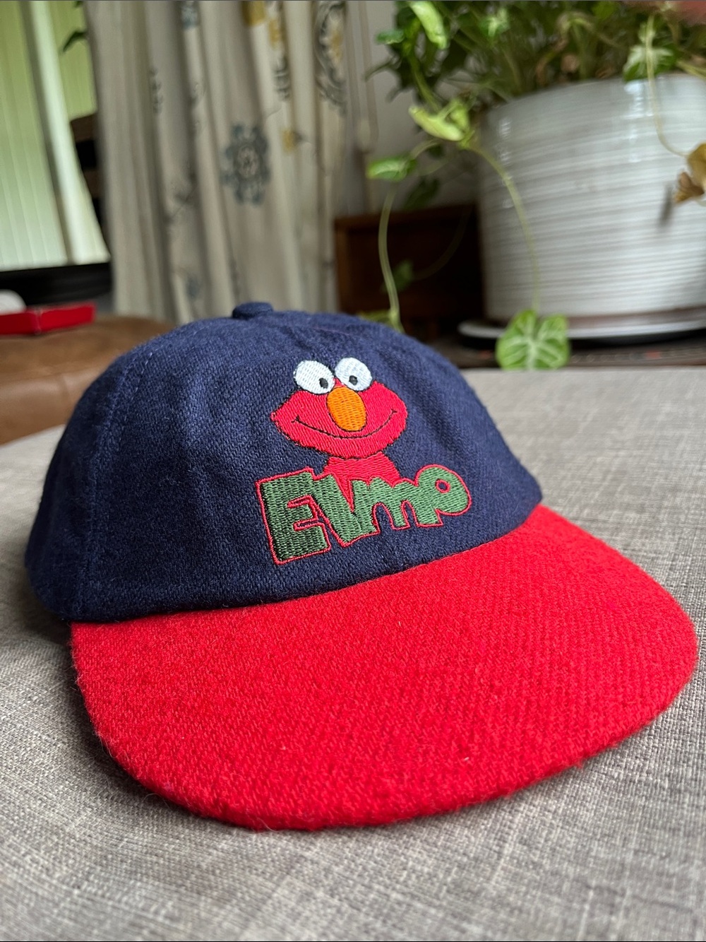 Vintage Sesame Street Elmo Felt Hat Red & Blue Embroidered Made in the USA Kids